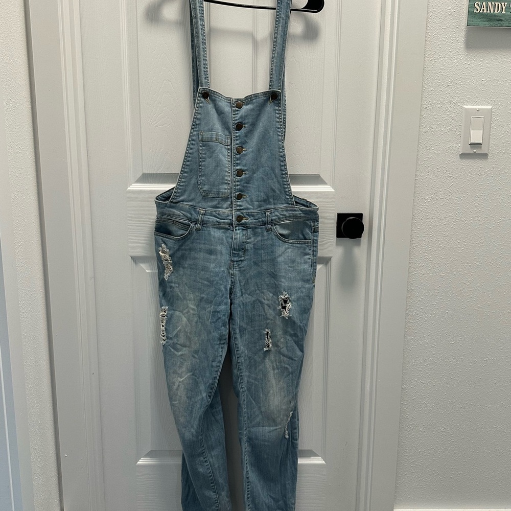 Blue Denim Overalls with Distressed Details